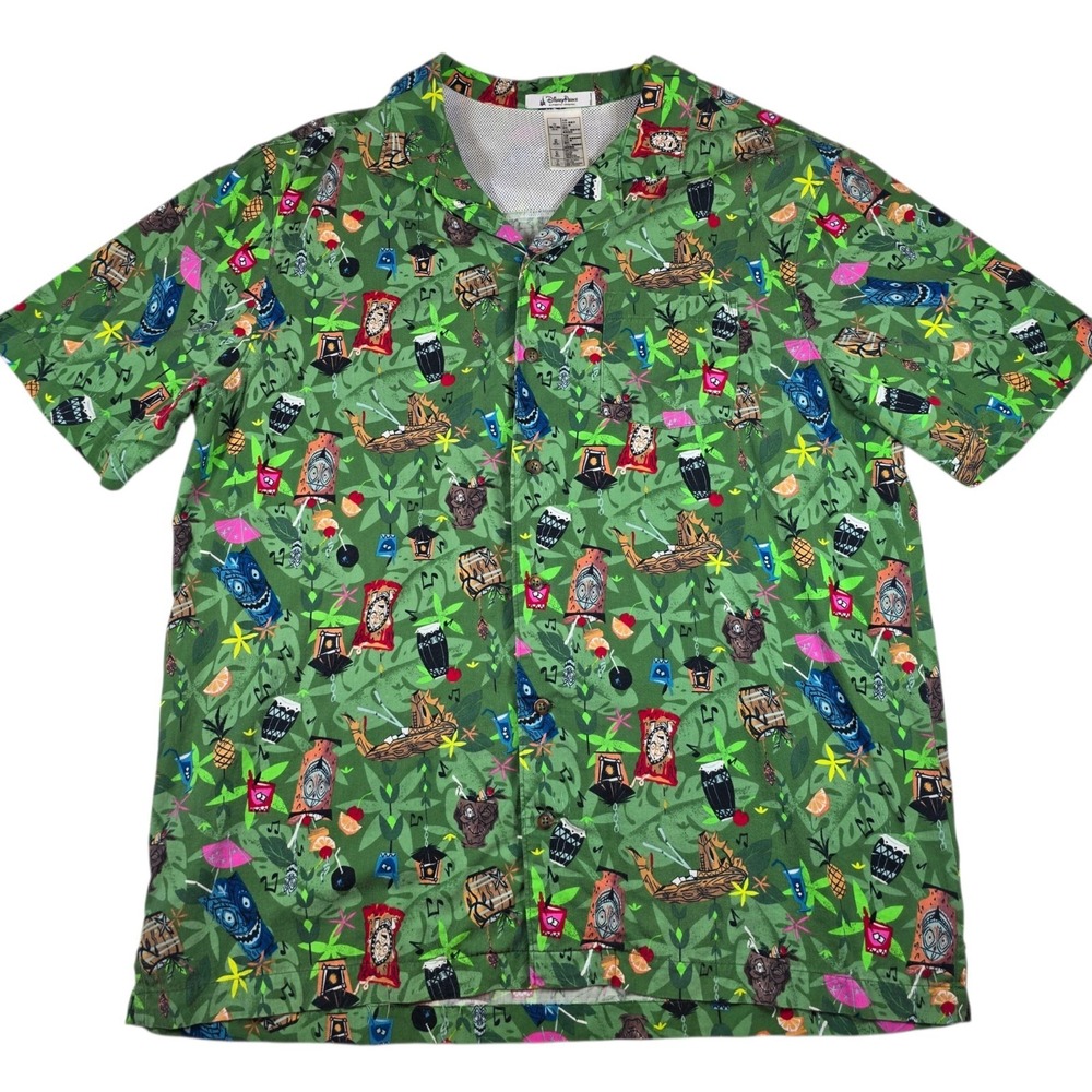 Disney Parks Enchanted Tiki Room Trader Sams Green Hawaiian Camp Shirt Men's L